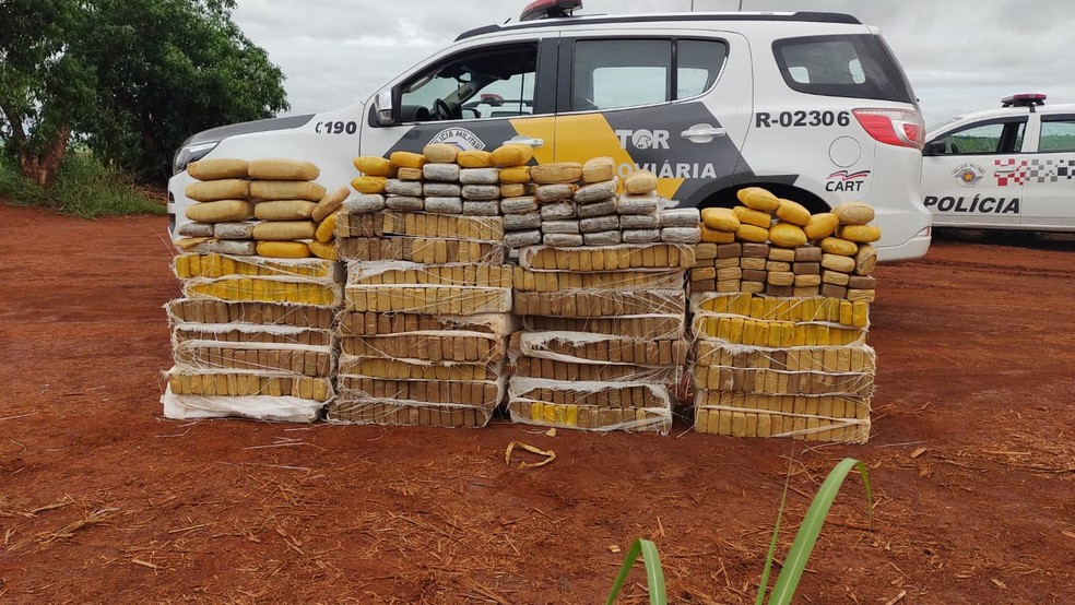 Motorista abandona carro com mais de 400 kg de maconha em canavial de Ourinhos — Foto: Polícia Rodoviária/Divulgação
