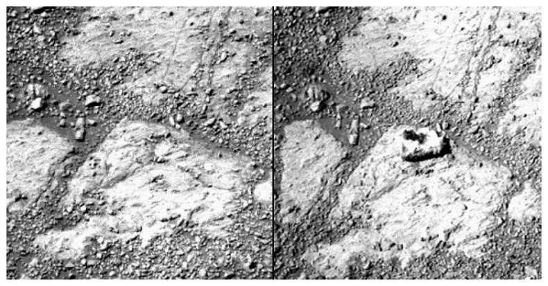 Uma comparação entre duas fotos do mesmo local, do 3528 sol ao 3540 (sols são as medidas dos dias marcianos) - em teoria a formação apareceu em um intervalo de 12 dias marcianos (Foto: nasa/ caltech)