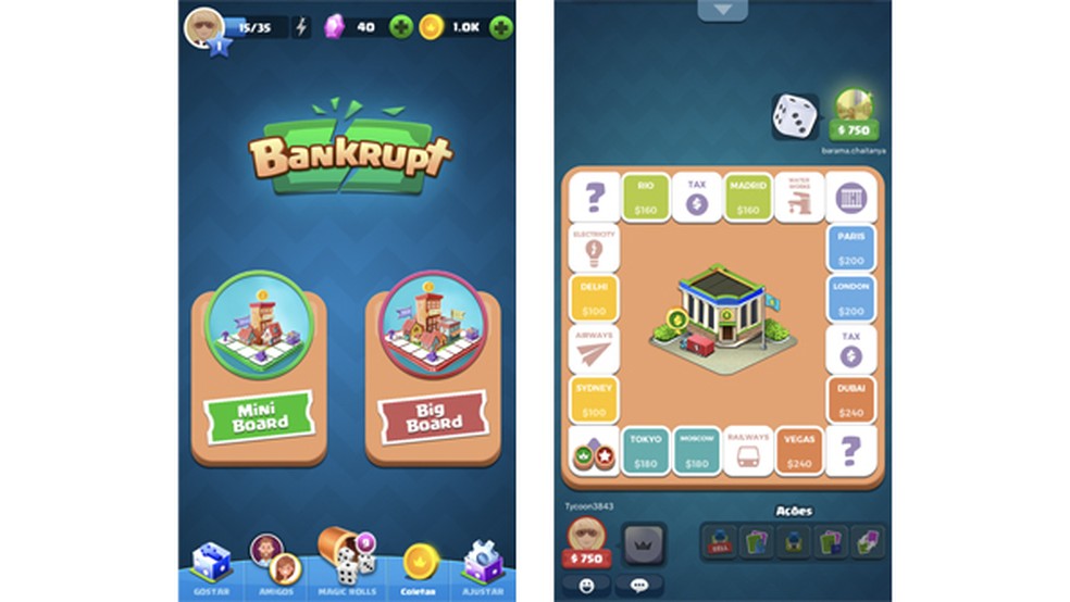 O jogador pode escolher entre diversos tipos de tabuleiros em Bankrupt — Foto: Reprodução/Thaime Lopes