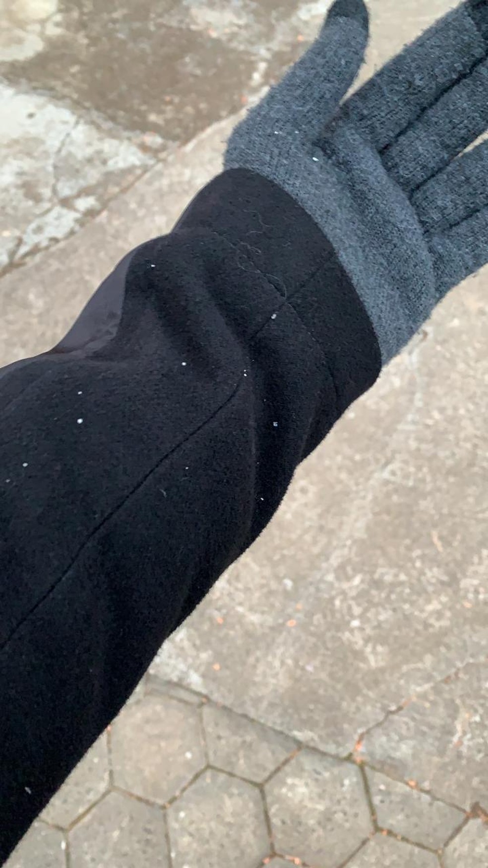 Flocos de neve em casaco em Urupema na tarde desta quarta-feira (28) — Foto: Douglas Márcio/NSC TV