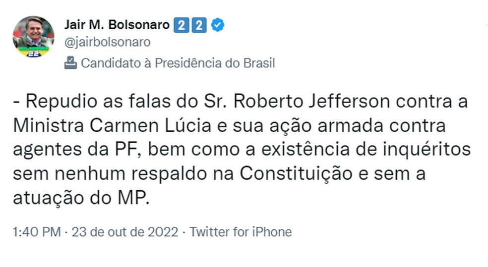 Bolsonaro se manifesta após resistência à prisão de Roberto Jefferson — Foto: Reprodução
