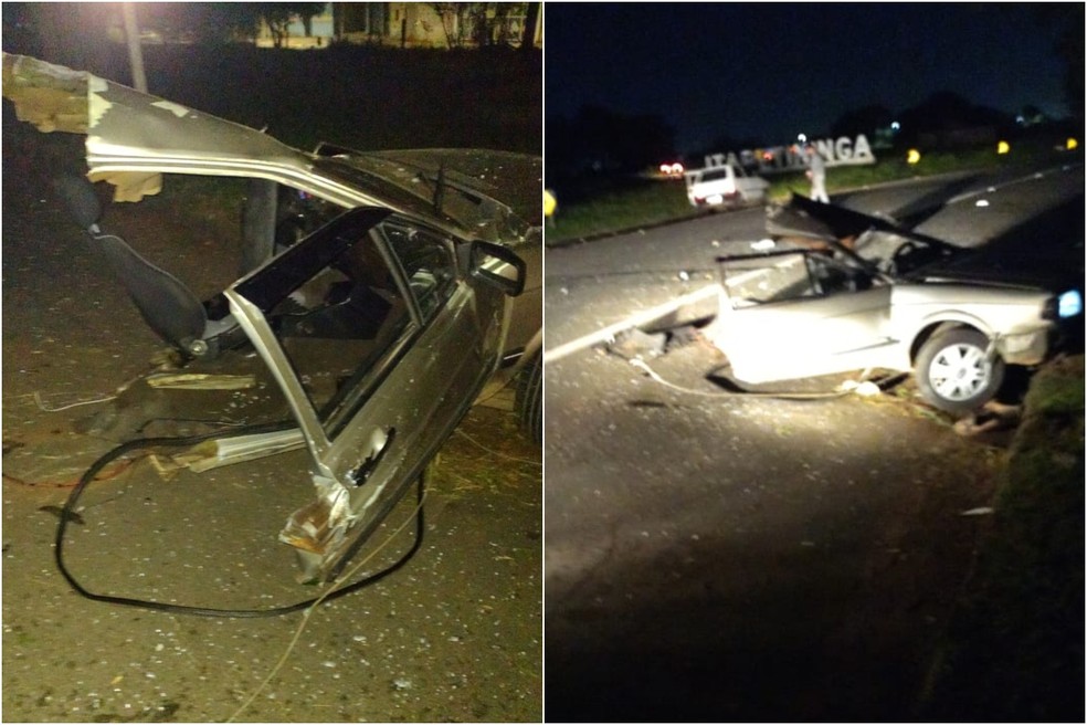 Carro ficou partido ao meio após acidente em Itapetininga (SP) — Foto: Corpo de Bombeiros/ Divulgação 