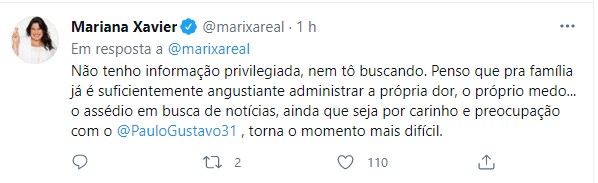Mariana Xavier sobre Paulo Gustavo (Foto: Reprodução/Twitter)