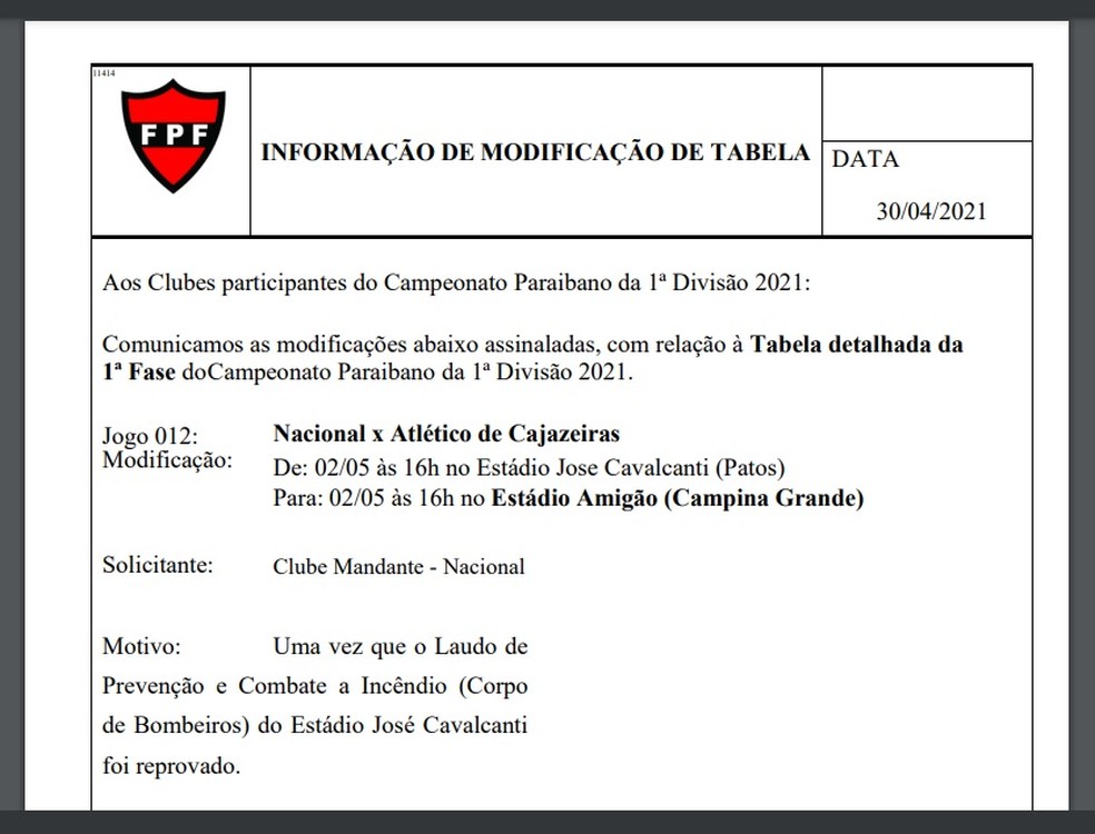 Documento da FPF-PB, confirmando a altera��o de local do jogo � Foto: Divulga��o / FPF-PB