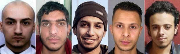 Montagem mostra suspeitos que estariam por trás dos ataques em Paris. Da esquerda para a direita: Bilal Hadfi (francês), um homem não identificado, Abdelhamid Abaaoud (o líder, 28 anos, belga), Salah Abdeslam e Samy Amimour (Foto: AFP)