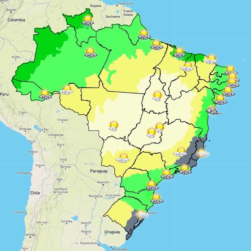 Mapa do Brasil feito pelo Inmet indica tempo nublado em quase todo o litoral brasileiro nesta terça-feira (22/6)  (Foto: Inmet)