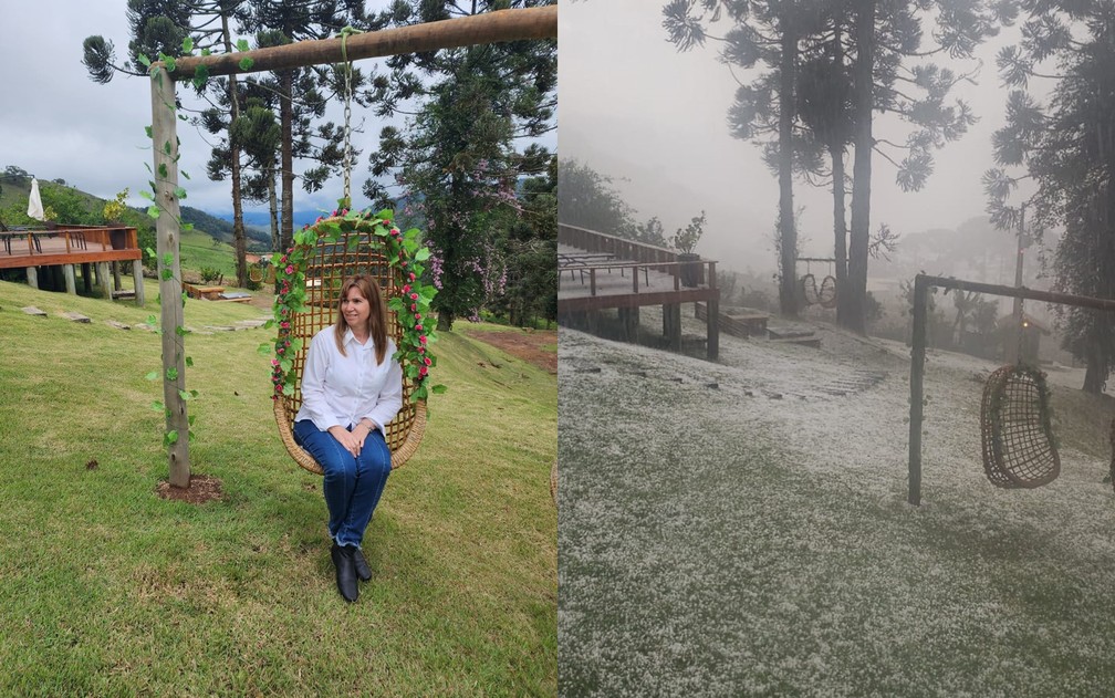 Antes e depois da chuva de Granizo em Gonçalves (MG) — Foto: Aparecida Calicchio Cioban