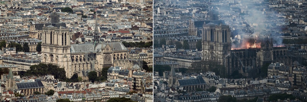 Combinação de fotos mostra a Catedral Notre-Dame, em Paris, antes e depois do incêndio — Foto: Philippe Lopez/AFP; Thomas Samson/AFP