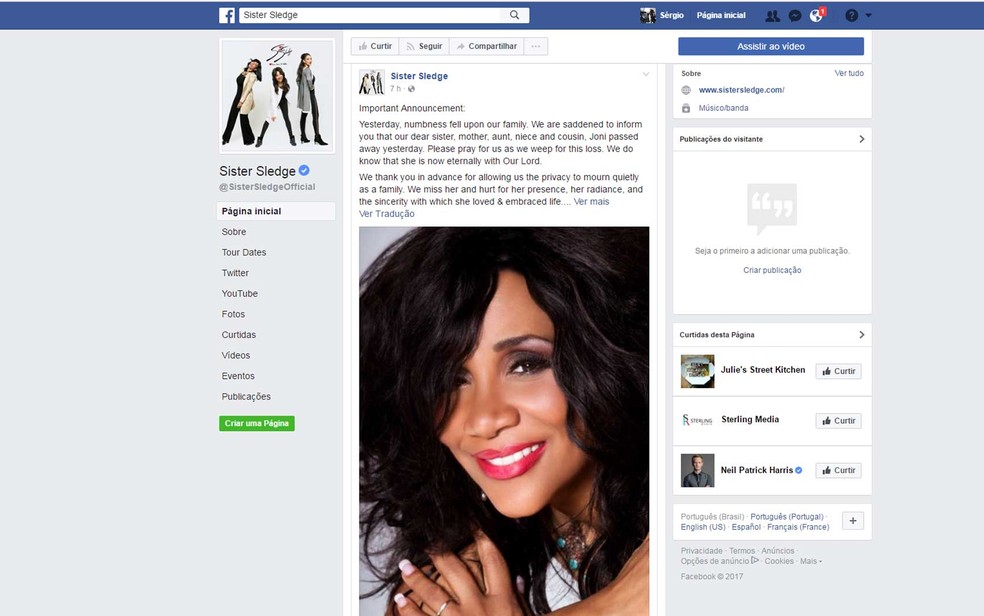 Facebook do Sister Sledge anunica a morte de Joni (Foto: Reprodução / Facebook do Sister Sledge)