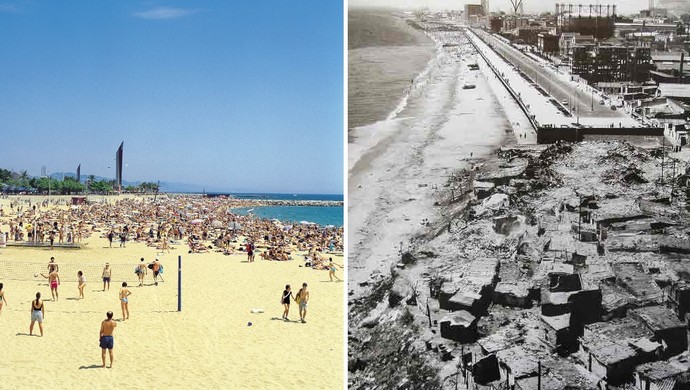 Praia Barcelona antes e depois da Olimpíada de 1992 (Foto: J. Trullàs / Barcelona Turisme e Reprodução Internet)