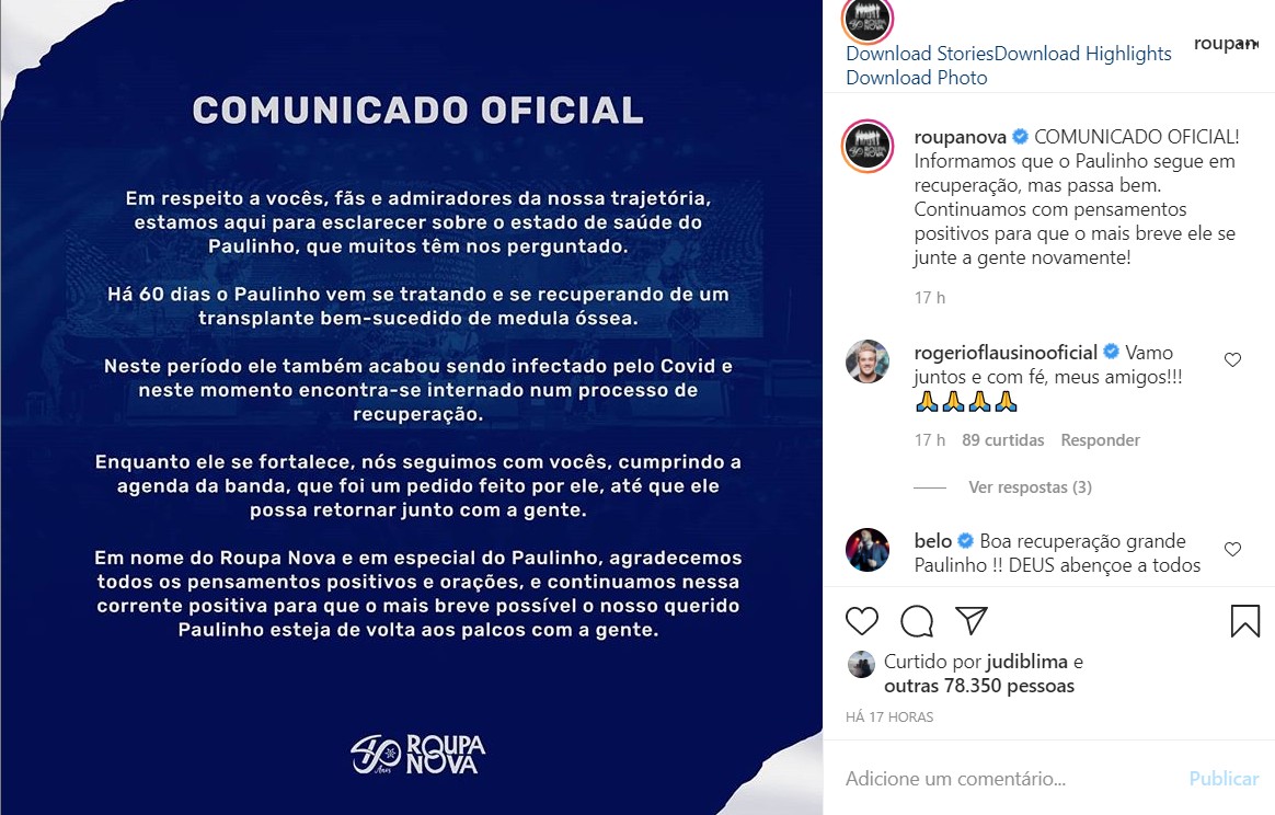 Comunicado sobre estado de saúde de Paulinho, do Roupa Nova  (Foto: Reprodução/Instagram)