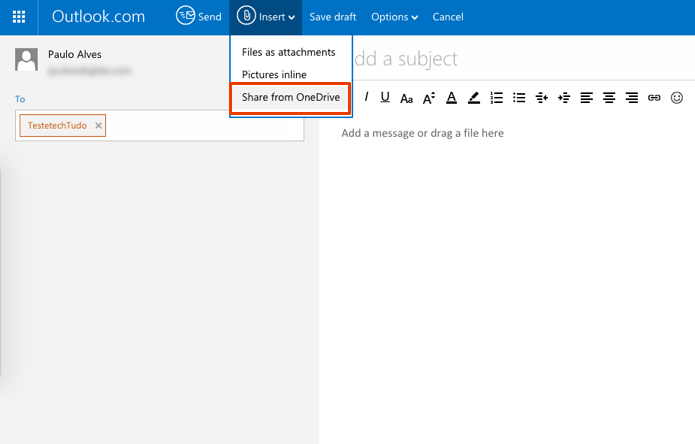 No Outlook, anexar imagens via OneDrive ? a melhor op??o (Foto: Reprodu??o/Paulo Alves)