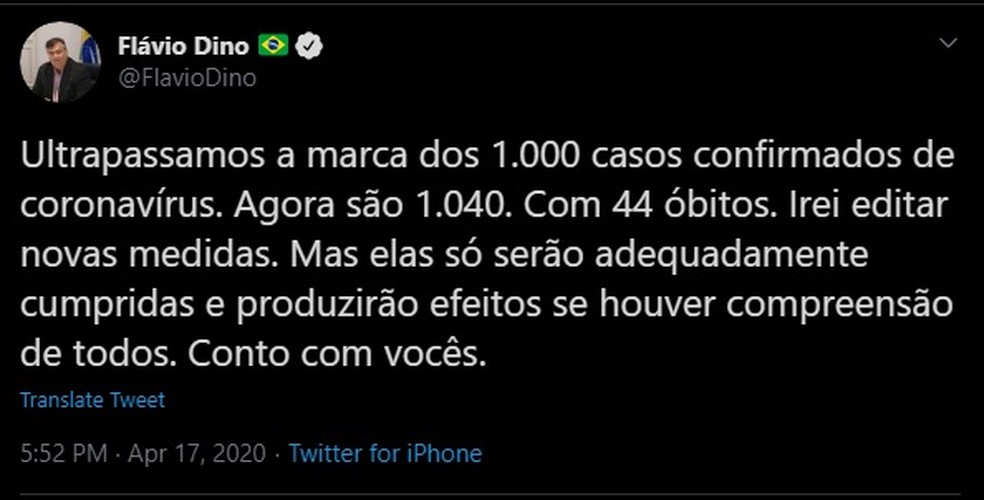 Governador do Maranhão, Flávio Dino (PCdoB), confirma que o estado ultrapassou a marca de mil casos do novo coronavírus. — Foto: Reprodução/Redes Sociais