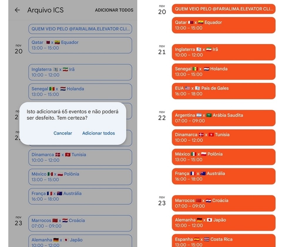 Inclusão das datas de jogos Copa do Mundo 2022 no Google Agenda — Foto: Reprodução/Raquel Freire