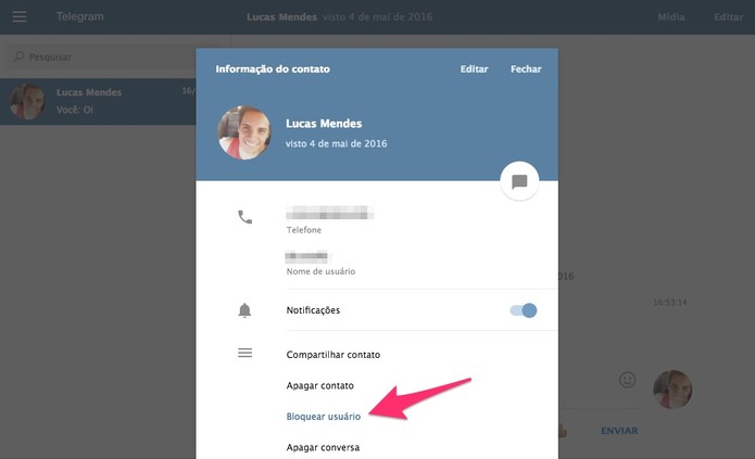 Bloqueio o contato no Telegram (Foto: Reprodução/Lucas Mendes)