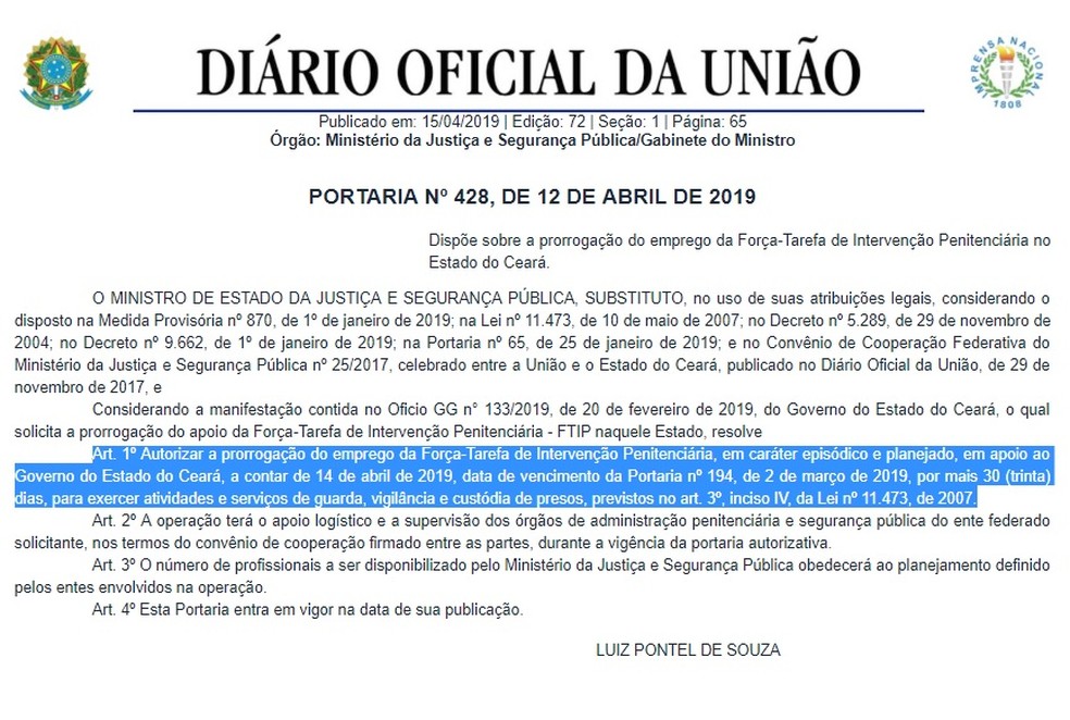 Prorrogação publicada no Diário Oficial da União — Foto: Reprodução/Governo Federal