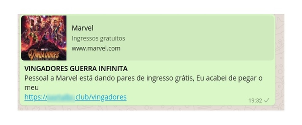 Mensagem sobre “Vingadores” mostra site oficial da Marvel; ao clicar, usuário chega a página falsa (Foto: Divulgação / PSafe)