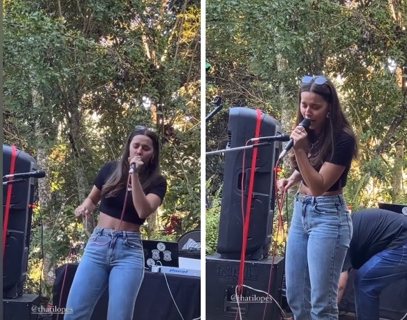 Thati Lopes canta Marília Mendonça em festa com famosos no Rio