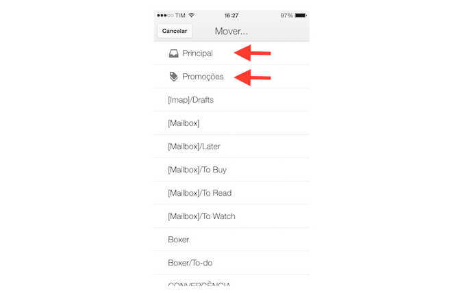 Movendo mensagens de e-mail de uma aba para a caixa de entrada principal do Gmail para iOS (Foto: