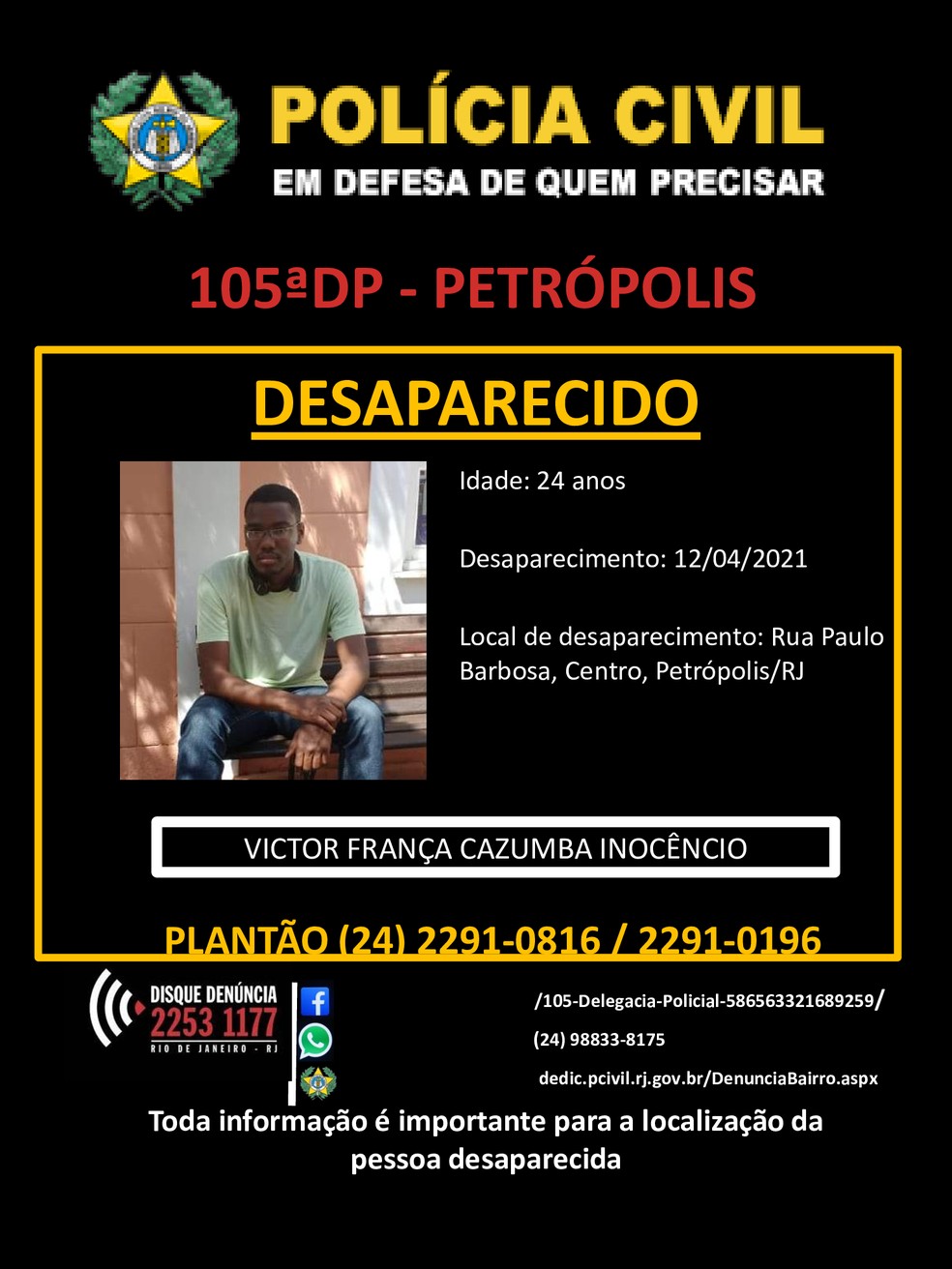A Polícia Civil de Petrópolis, RJ, divulgou um cartaz nesta terça-feira (13) pedindo a ajuda da população com informações que possam levar ao paradeiro de Victor França — Foto: Reprodução/Redes sociais