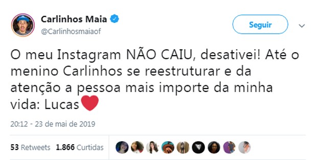 Carlinhos Maia desativa Instagram (Foto: Reprodução/Instagram)