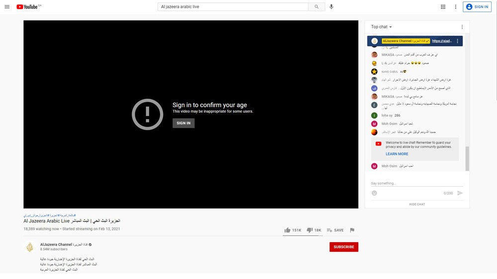 YouTube colocou aviso em transmissão ao vivo de canal árabe indicando possível 'conteúdo inapropriado' para menores, diz TV thumbnail