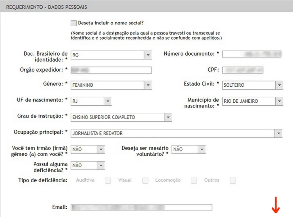 Primeira parte do formulário de informações pessoais do Título Net — Foto: Reprodução/Raquel Freire