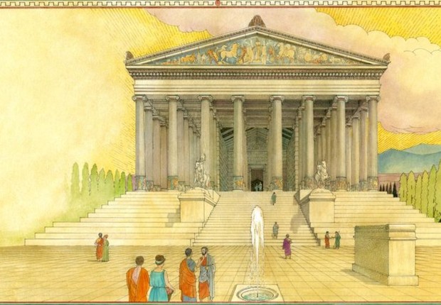 Em sua forma mais impressionante, o Templo de Ártemis tinha uma área de 6 mil m² e era adornado com esculturas, estátuas e 127 colunas (Foto: Getty Images via BBC)