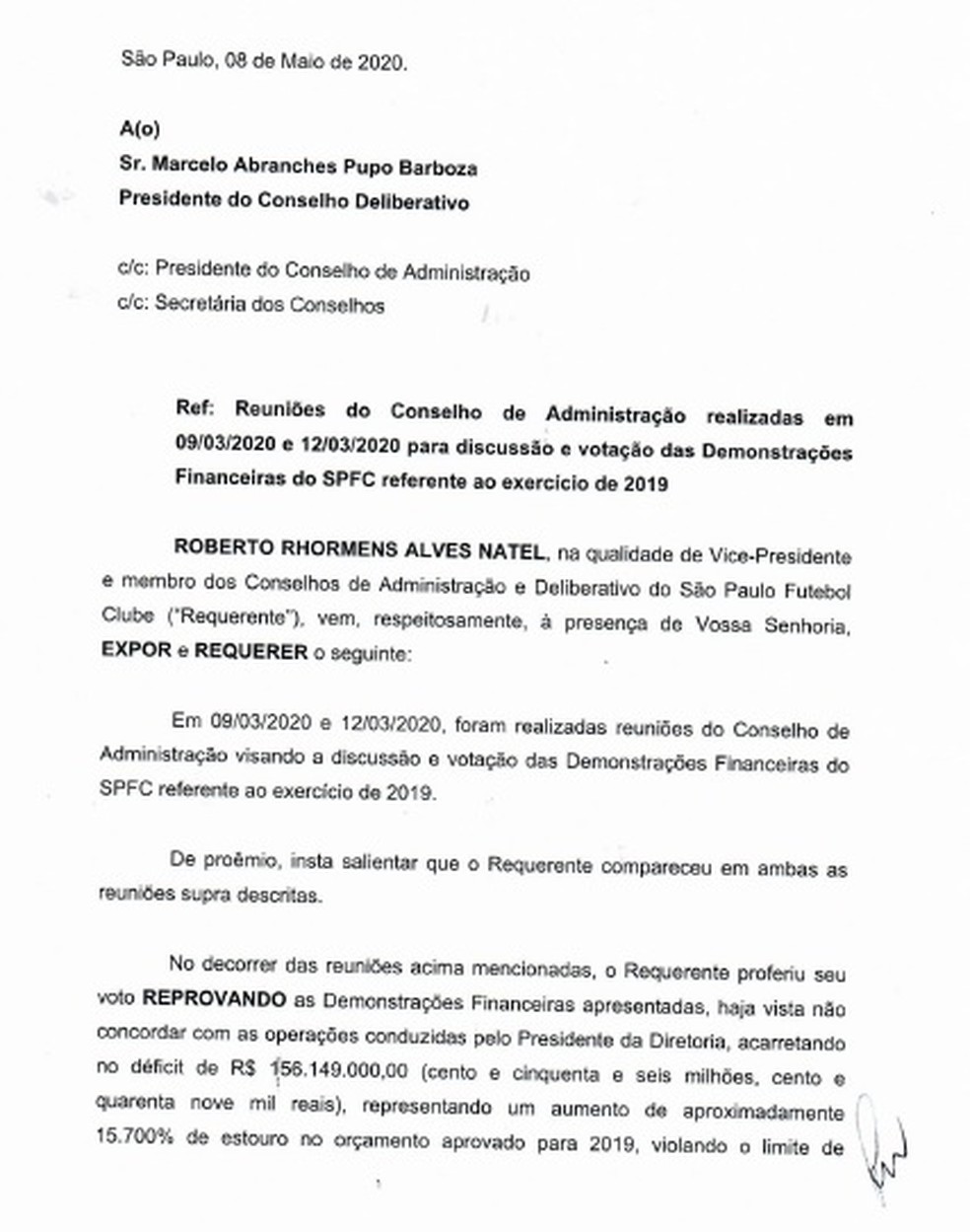 Requerimento do vice-presidente Roberto Natel, do São Paulo — Foto: GloboEsporte.com