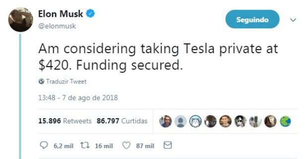 Elon Musk negocia saída da Tesla da bolsa de valores com investidores árabes (Foto: Reprodução Twitter)