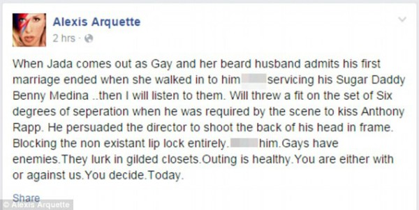 O depoimento de Alexis Arquette no Facebook foi posteriormente apagado (Foto: Reprodução)