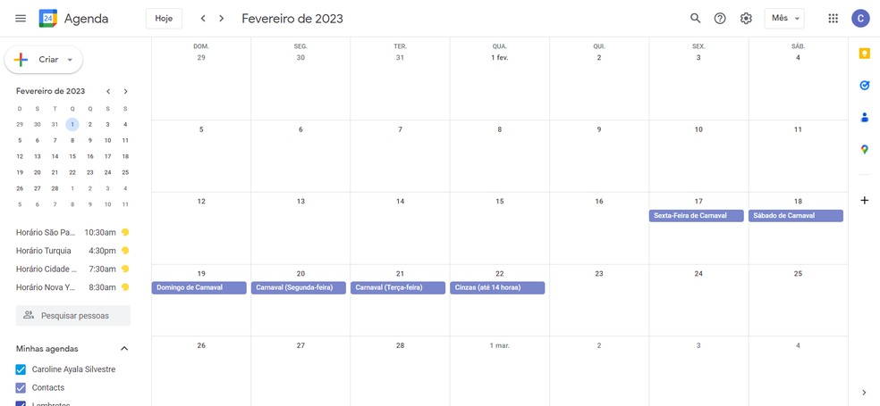 Google Agenda permite adicionar feriados nacionais no calendário de 2023 — Foto: Reprodução/Caroline Silvestre