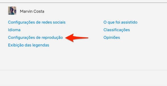 Ação para acessar as configurações de reprodução de uma conta de usuário da Netflix (Foto: Reprodução/Marvin Costa) Ação para acessar as configurações de reprodução de uma conta de usuário da Netflix (Foto: Reprodução/Marvin Costa)