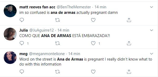 Fãs especulam gravidez de Ana de Armas (Foto: Reprodução/Twitter)