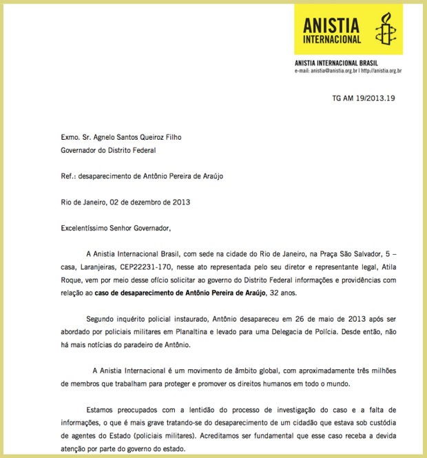 Documento enviado pela Anistia Internacional ao governador do Distrito Federal, sobre investigação de Antônio de Araújo, desaparecido após abordagem policial  (Foto: Reprodução)