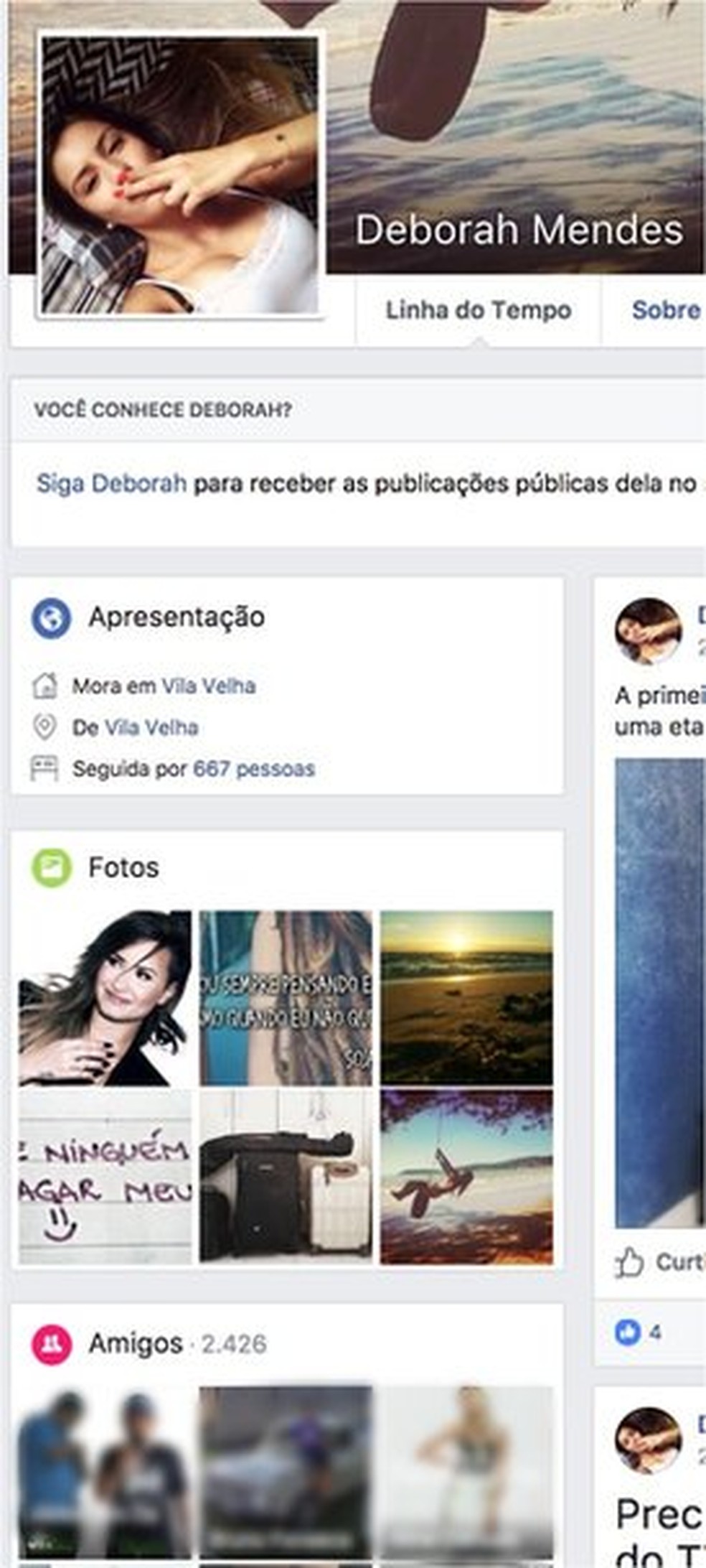 Usuária identificada como falsa, com foto de perfil de banco de dados, tem 2.426 amigos (Foto: Reprodução/Facebook)