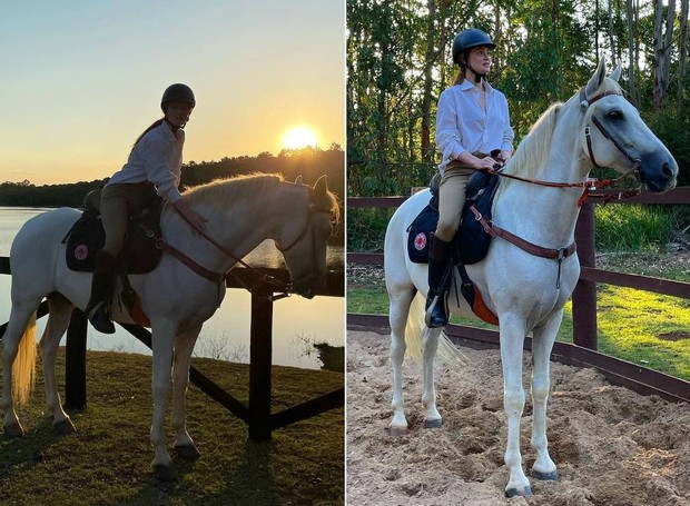 Marina Ruy Barbosa aproveita o pôr do sol com o cavalo Dourado (Foto: Instagram/ @marinaruybarbosa/ Reprodução)