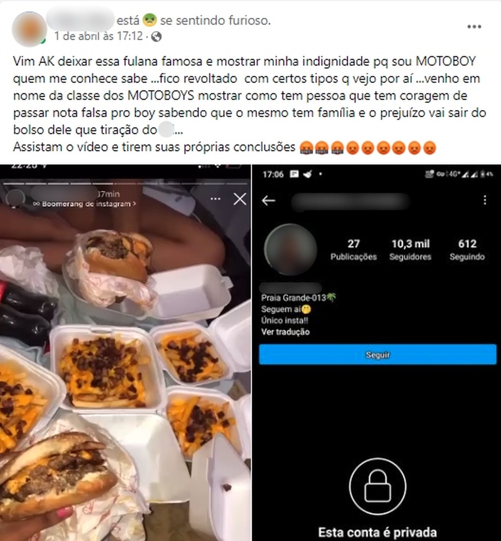 Motoboy, que não foi a vítima, mas se solidarizou com o ocorrido, divulgou o caso e disse estar indignado com a ação da menina — Foto: Reprodução/Facebook