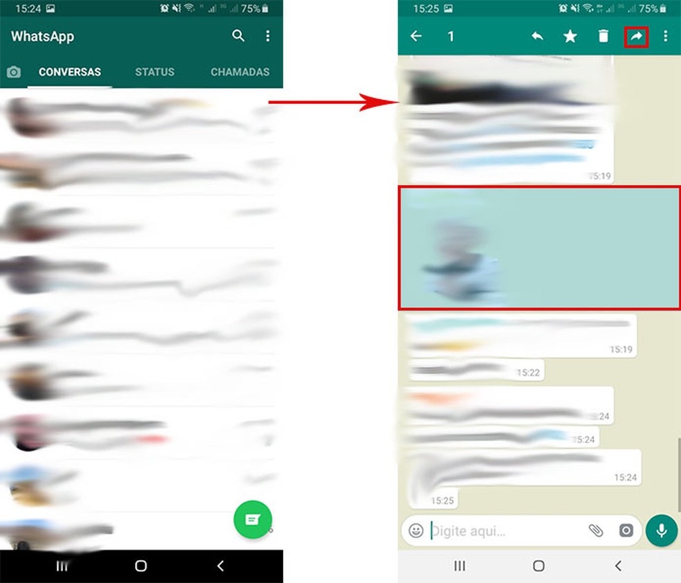 Simule um encaminhamento de mensagem no WhatsApp — Foto: Reprodução/Fernanda Lutfi