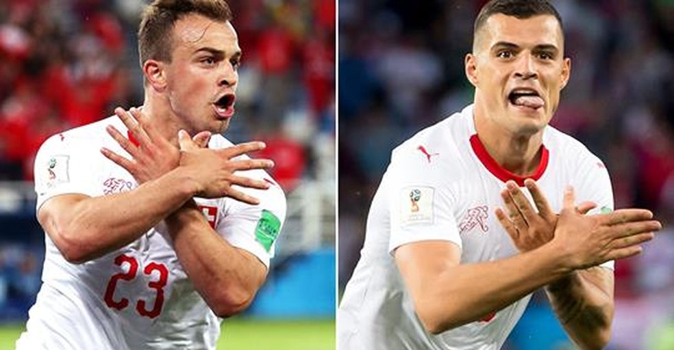 Xhaka e Shaqiri fazem símbolo albanês ao comemorar gol da Suíça contra a Sérvia na Copa de 2018 — Foto: Getty Images 
