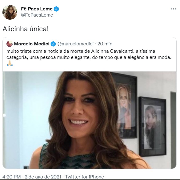 Marcelo Médici e Fernanda Paes Leme lamenta morte de Alicinha Cavalcanti (Foto: Reprodução/Instagram)