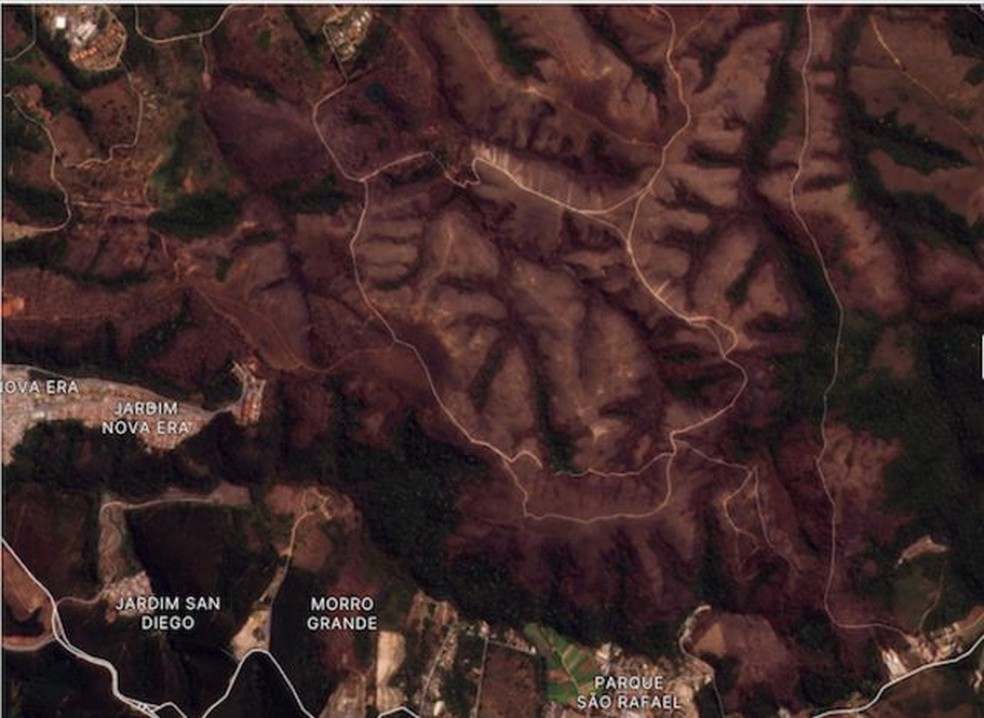 Imagem de satélite mostra o Parque Estadual do Juquery em 3 setembro de 2021, 12 dias após a ocorrência de um grande incêndio — Foto: Planet Labs via BBC