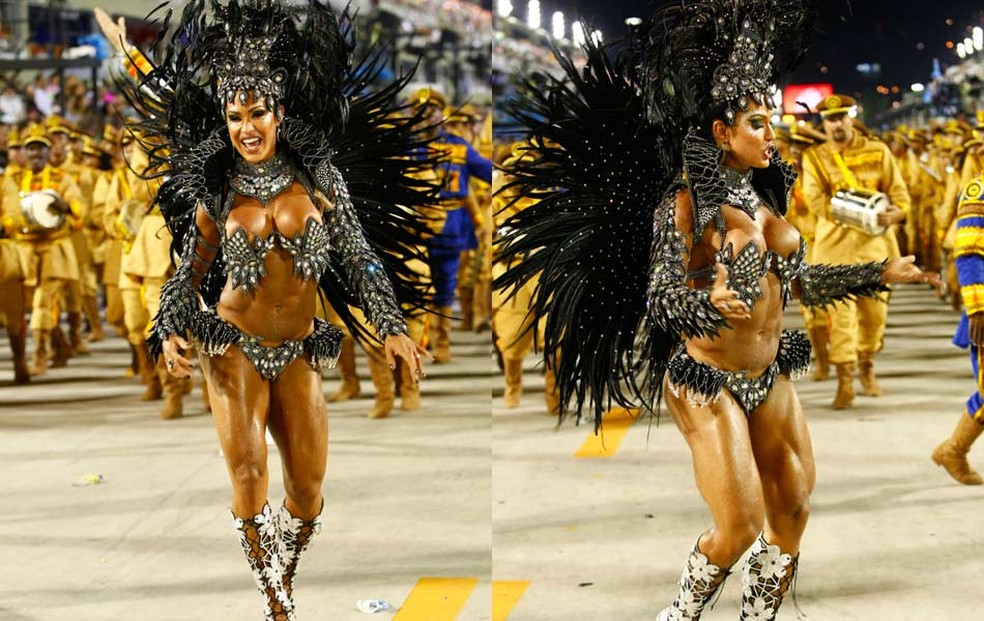 Rainha da Tijuca, Gracyanne Barbosa em dois momentos — Foto: Rodrigo Gorosito/G1