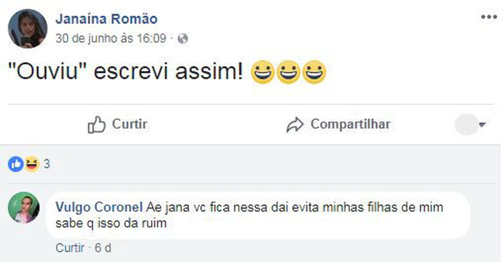 Stefano Jesus de Amorim, ex-marido de Janaína Romão, comenta em publicação da mulher no Facebook (Foto: Facebook/Reprodução)