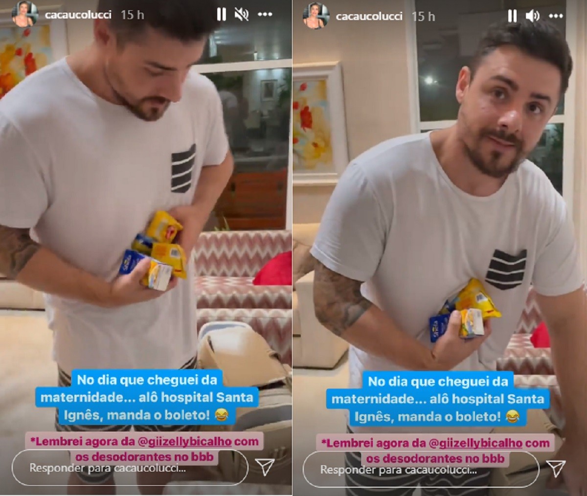 Cacau Colucci mostra Bruno Lima espantado com quantidade de lanchinhos que ela trouxe da maternidade (Foto: Reprodução/Instagram)