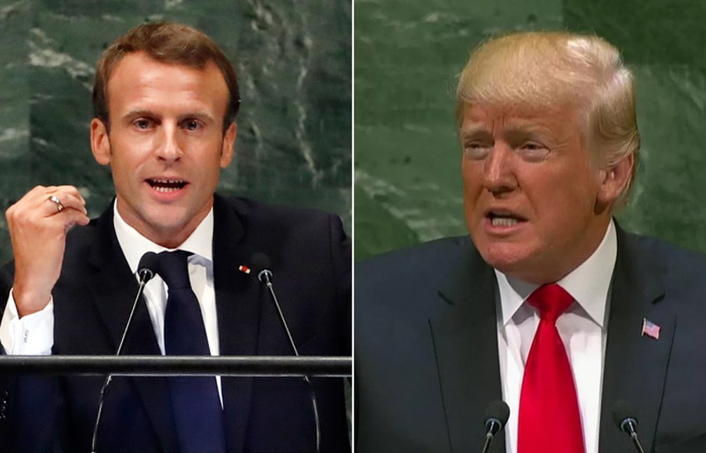 Emmanuel Macron e Donald Trump durante seus respectivos discursos na 73ª Assembleia Geral da ONU nesta terça-feira (25), em Nova York — Foto: Richard Drew/AP/Reprodução