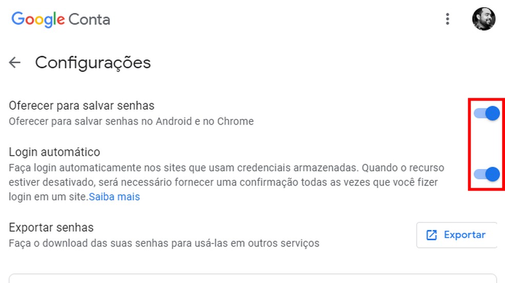 Ativando as chaves para salvar senhas do Google automaticamente e exportando dados salvos — Foto: Reprodução/Paulo Alves