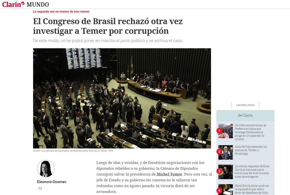 O jornal argentino 'Clarín' também publicou matéria sobre a votação desta quarta (25) (Foto: Reprodução/Clarín)