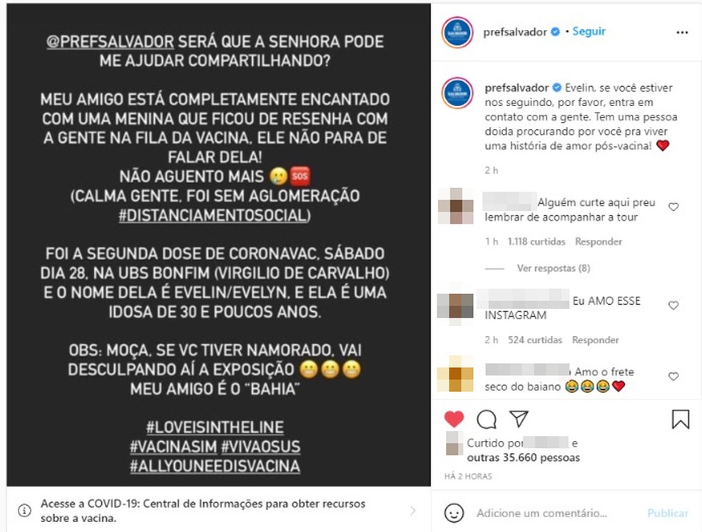 Prefeitura de Salvador faz post nas redes sociais para ajudar rapaz que se apaixonou na fila da vacina contra Covid-19 — Foto: Reprodução / Redes Sociais