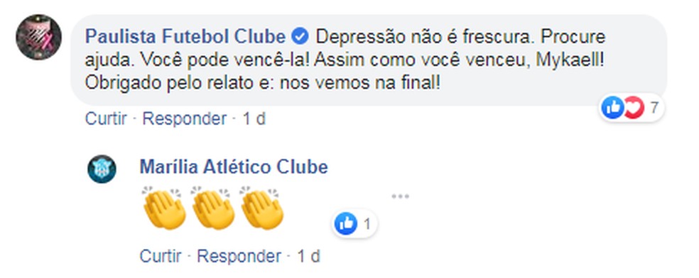 Paulista comenta vídeo feito por Mykaell, replicado pelo Marília, adversários na final da Segundona — Foto: Reprodução/Facebook